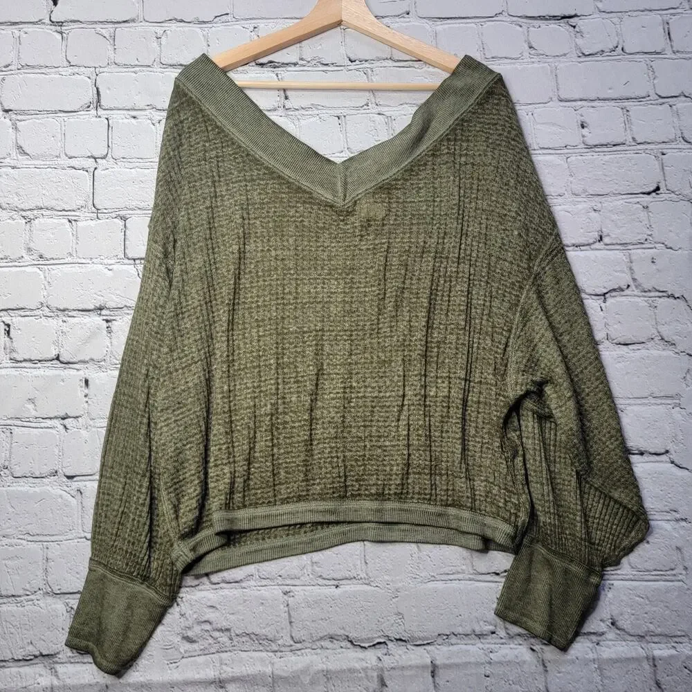 We The Free People South Side Thermal Knit Oversized Off Shoulder Top Green Sz S